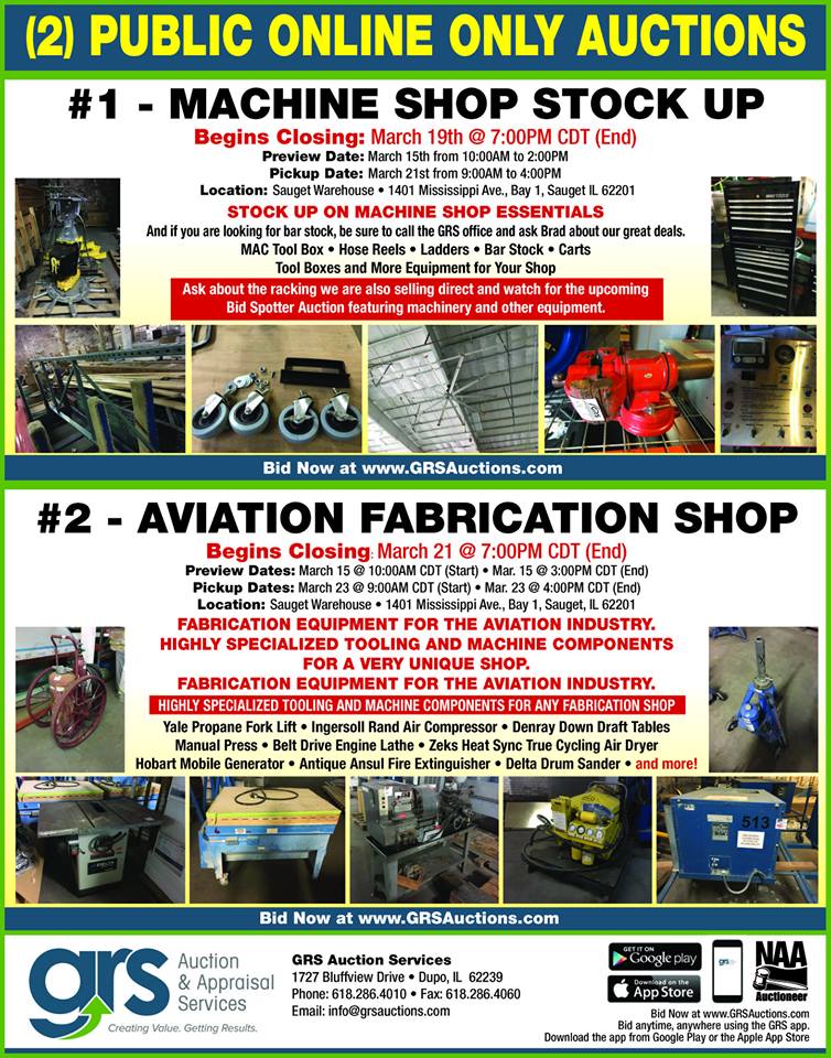 grsauctions's tweet photo. For all the aviators out there, you need to check out our newest auction addition!

"Machine Shop Stock Up" is just one of several auctions coming from a warehouse FULL of aviation themed items. Equipment, electronics, molds, anything you can imagine.

#auctionworks https://t.co/AI0QD0Umlf