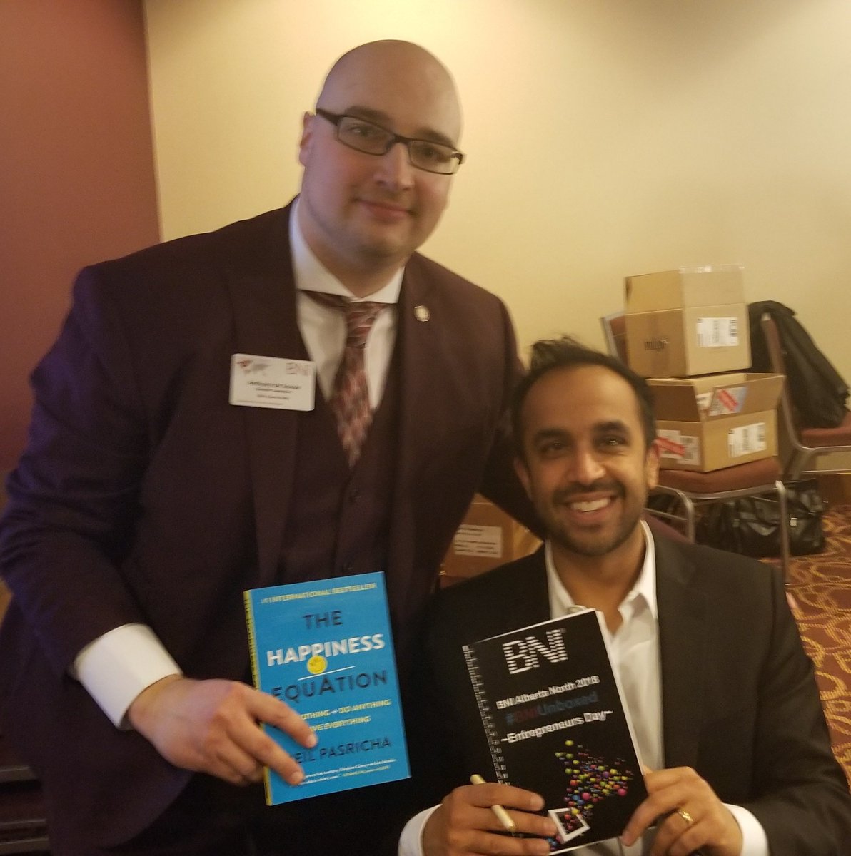 TheReal_TonyD's tweet photo. HUGE shout out to @NeilPasricha for the keynote during our #BNIUnboxed event today in #yeg. It was great meeting you and taking in the live movie version of the Happiness Equation was AWESOME #BeHappyFirst #BeYouAndBeCoolWithIt ps Levi loves his personalized book of awesome too https://t.co/20RR1aqpB0
