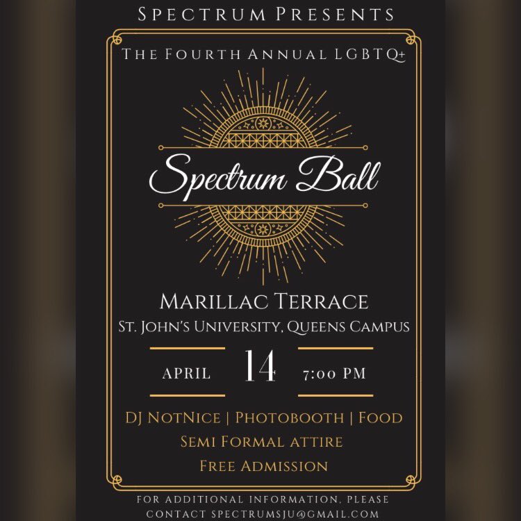 SpectrumSJU's tweet photo. The 4th annual Spectrum Ball is upon us and this year, we’re going Hollywood✨

We have a DJ, photobooth, food, and more! Not to mention it’s all FREE!

Join us Saturday April 14 in Marillac Terrace, doors open at 7pm. 

Save the date! This is an event you WON’T want to miss 🌈 https://t.co/t4cOCvN8TC
