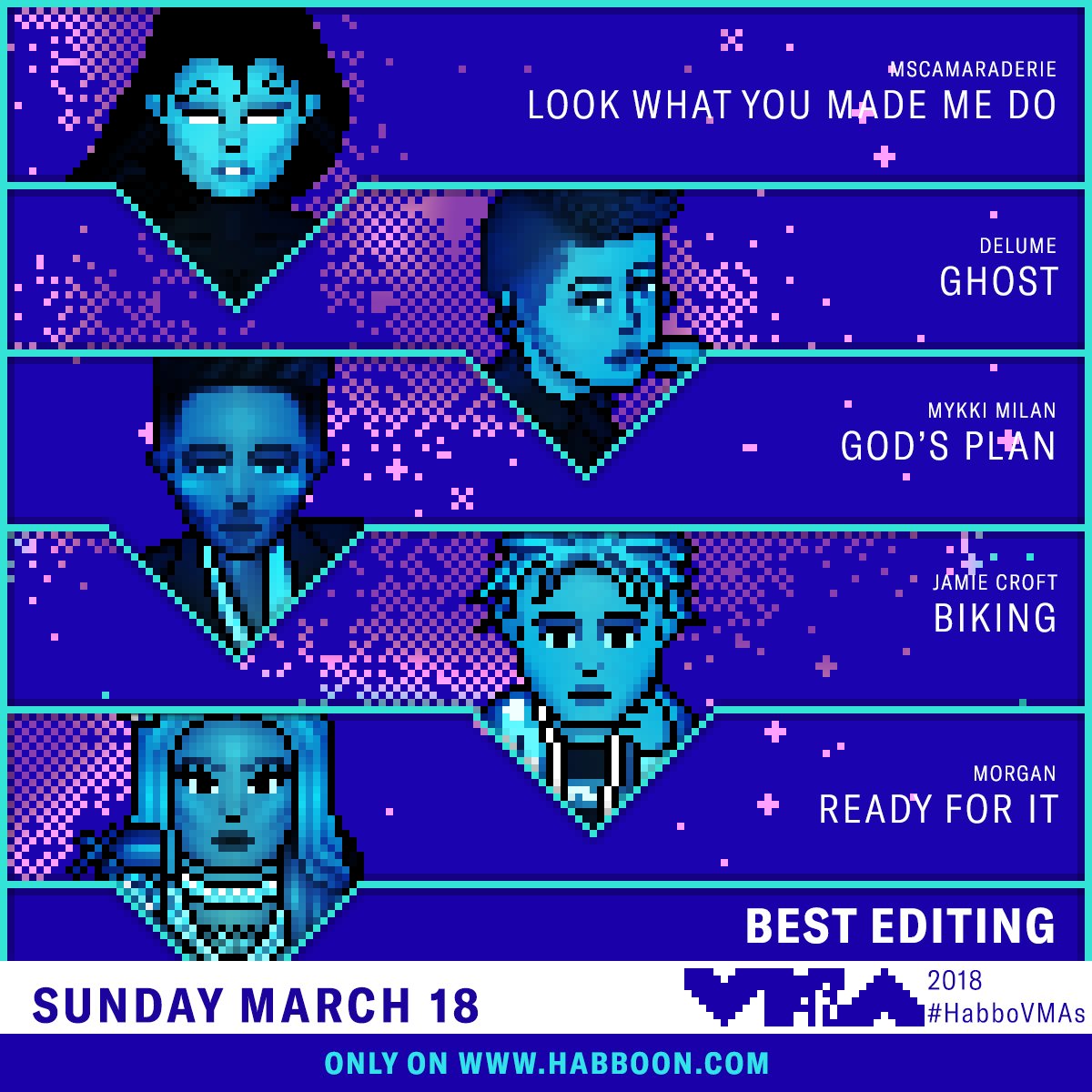 habborepublic's tweet photo. And your nominees for Best Editing at the #HabboVMAs are... 💥 https://t.co/kdiOvEC2Qt