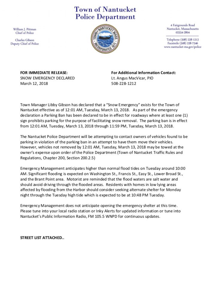 NantucketPolice's tweet image. SNOW EMERGENCY DECLARED FOR #NANTUCKET. See below press release &amp;amp; parking ban information.