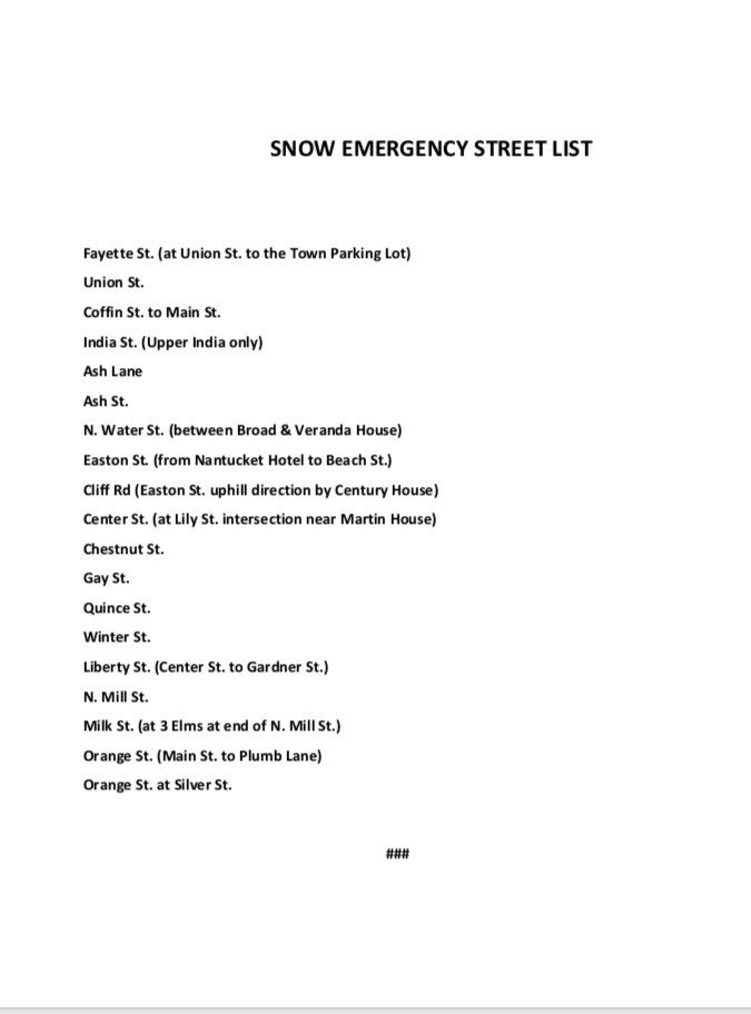 NantucketPolice's tweet image. SNOW EMERGENCY DECLARED FOR #NANTUCKET. See below press release &amp;amp; parking ban information.