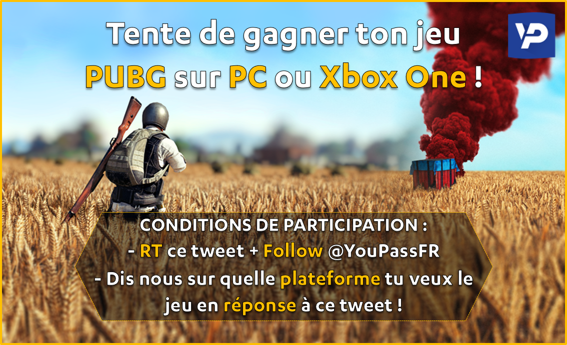YouPassFR's tweet photo. Tente de gagner ton jeu #PUBG 💥

Pour participer : 

- RT ce tweet
- Follow @YouPassFR 
- Dire si tu veux le jeu sur PC ou Xbox One en réponse à ce tweet !

Tirage au sort du gagnant le 19/03
Bonne chance à tous 😏 https://t.co/9QExngIVOX