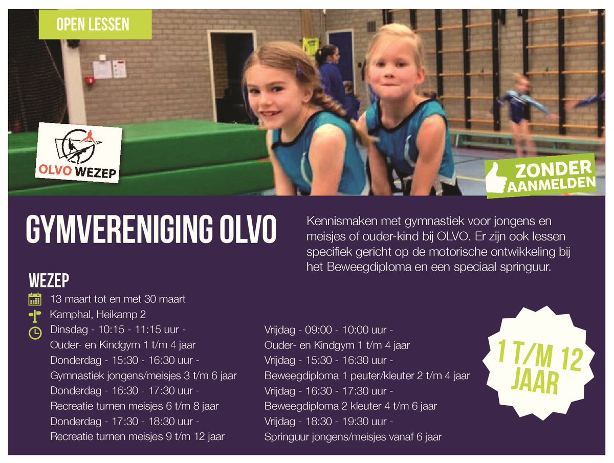 goedbezigobroek's tweet photo. Morgen starten de open lessen van Gymvereniging OLVO-Wezep met ouder-kind gym. Donderdag en vrijdag zijn ook de wat oudere kinderen welkom bij verschillende soorten lessen. Kom jij eens een lesje meedoen? #olvo #gym #openles https://t.co/AC0KBIjerD