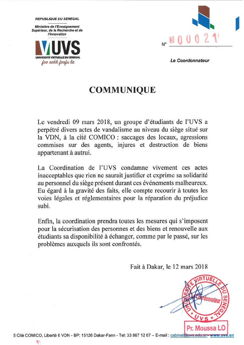 unchk_sn's tweet photo. #Communiqué relatif aux événements survenus ce vendredi 09 mars 2018 au siège de l'UVS.
#senegal https://t.co/873FhrcQen