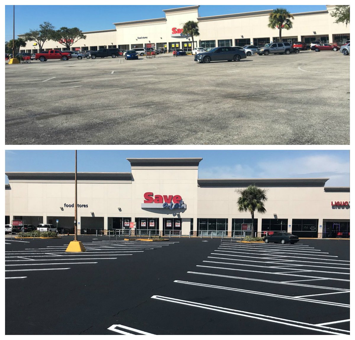 FSRetailMgmt's tweet photo. Before and After: This Seal & Stripe really gave our @SaveALot shopping center in #LakelandFL a real facelift! #CommercialPropertyManagement #CommercialProjectManagement #RetailManagement #ParkingLotRestoration #ParkingLotRestripe https://t.co/86VRPEByQg