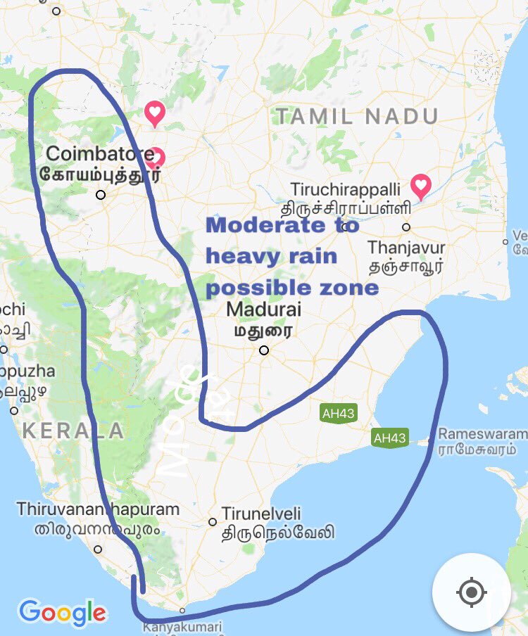 Invest 90B: Next 24hrs South, west,  central TamilNadu and delta will get light to moderate rains.

Heavy rains sure over south end TN & #Kerala and places around westerghats region 

#Nilgiris #Valparai #Nellai #Kumari #Theni #Pamban #coimbatore #pollachi #dindigul #Nagai