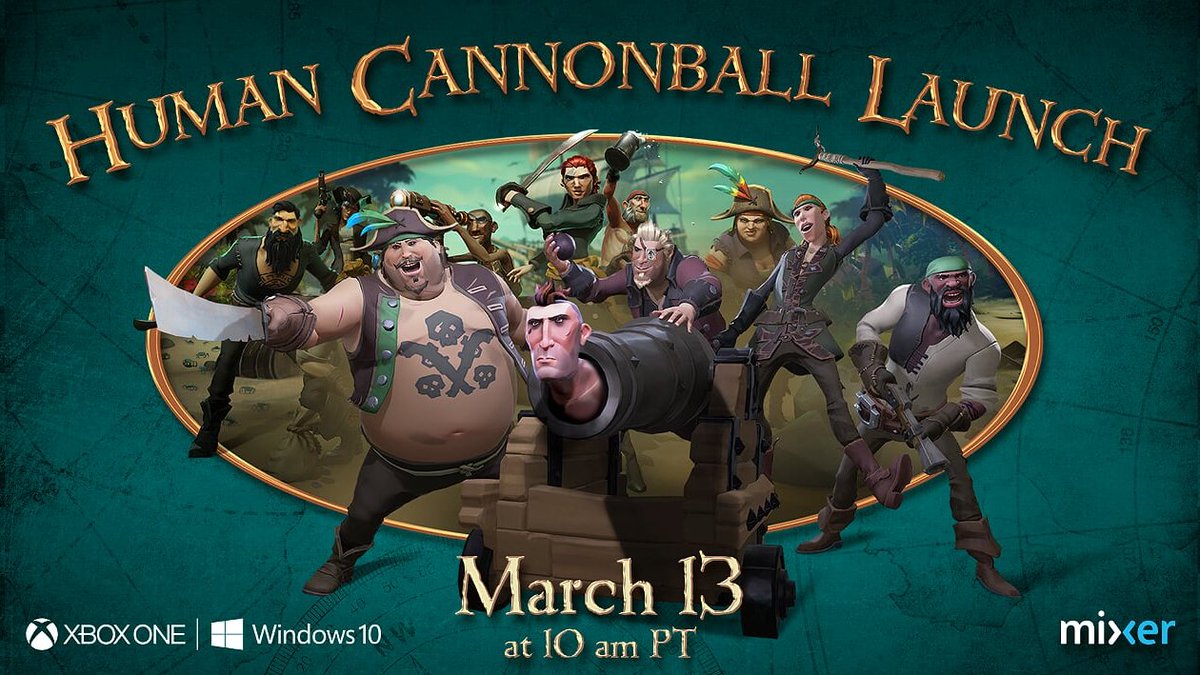 SeaOfThieves's tweet photo. In celebration of #SeaOfThieves' upcoming launch, there's an actual person being launched out of a cannon! Witness the spectacle on @WatchMixer tomorrow at 5pm GMT (10am PT/1pm ET), where the human cannonball will attempt to set a new World Record... https://t.co/5EKcHSjIY0 https://t.co/Ea8zaL6cYA