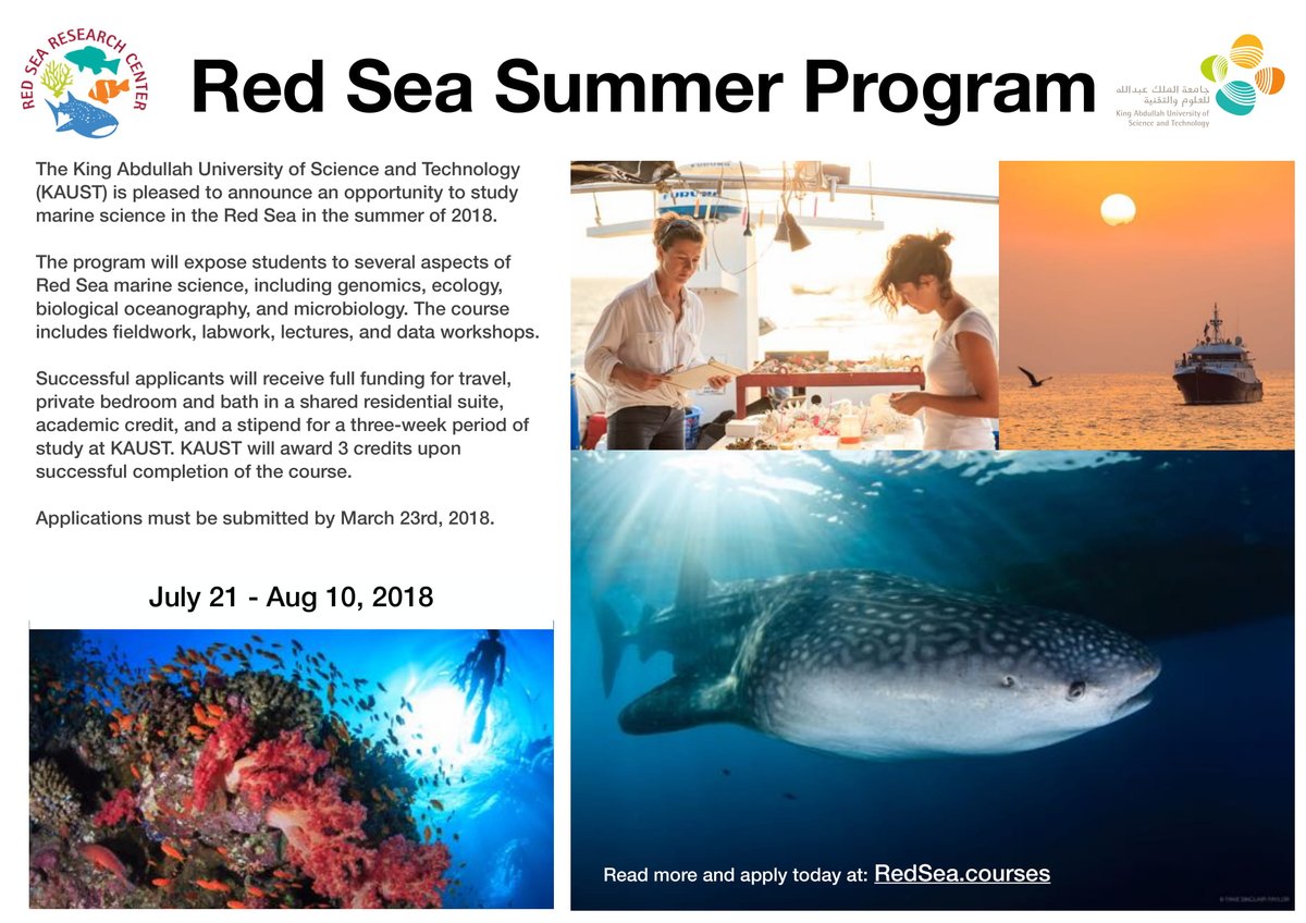 Applications are now open for the Red Sea Summer Program <a href="/RSRC_KAUST/">Red Sea Research Center, KAUST</a> and <a href="/KAUST_News/">KAUST</a> . This fully-funded course runs from 21 July - 10 Aug. Go to RedSea.courses for more info! Deadline to apply is March 23. #redsea
