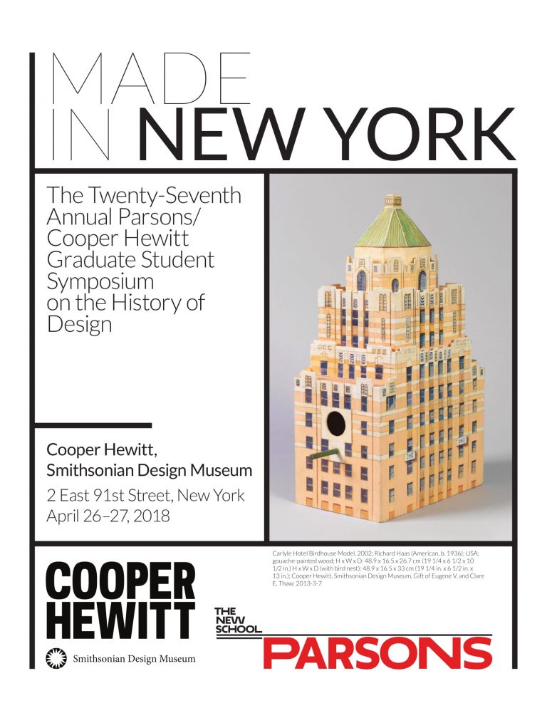 Mark your calendars for the 27th Annual Parsons /<a href="/cooperhewitt/">Cooper Hewitt</a> MA HDCS Graduate Student Symposium on the History of Design, to be held April 26 and 27! Click here for full details: bit.ly/2tGnBhf