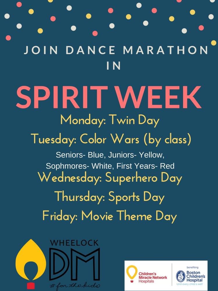 WheelockDM's tweet photo. IT’S SPIRIT WEEK!! Get pumped for Dance Marathon and dress up accordingly! 🎉 https://t.co/YKK2QxqRaG