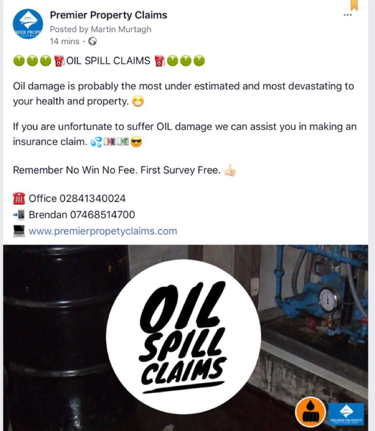 PPClaims's tweet photo. 🤢🤢🤢⛽️OIL SPILL CLAIMS ⛽️🤢🤢🤢

If you are unfortunate to suffer #OILdamage we can assist you in making an insurance claim. 💦💷💶

Remember No Win No Fee. First Survey Free. 👍🏻

☎️ Office 02841340024
📲 Brendan 07468514700
💻 https://t.co/RtUvbkxYRe https://t.co/WQOpnM6TFU