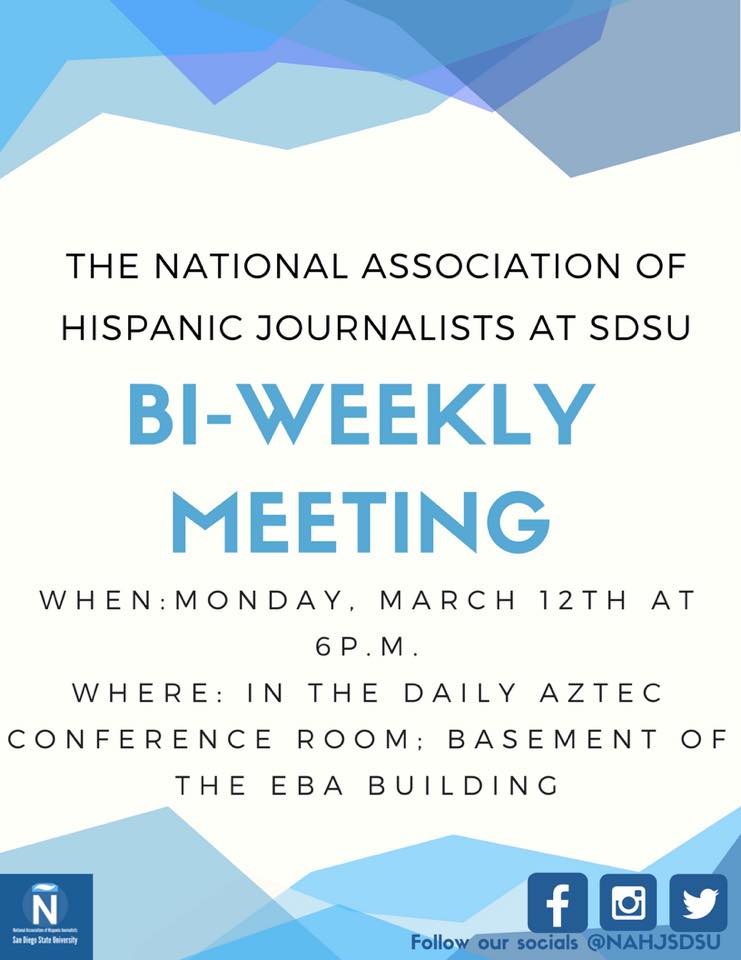 NAHJSDSU's tweet photo. A reminder of our meeting happening TODAY! See you all at 6p.m.
#exploresdsu #sdsu #nahjatsdsu #jmssdsu #nahj https://t.co/wcLoTzVSW8