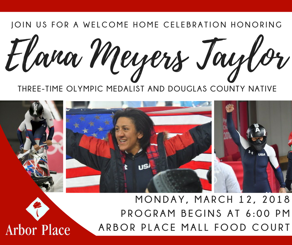 Don't forget to visit Arbor Place Mall today at 6pm to say Hi to @Itsthemanething High School grad and Olympic athlete Elana Meyers Tayor!