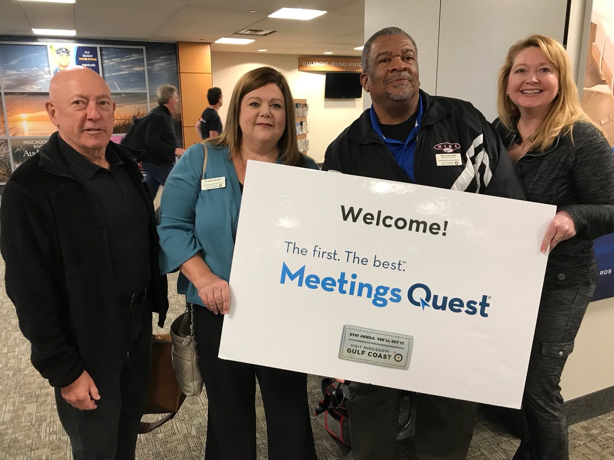 Presenters Steven Hacker, left, and Ann Windham James, right, get a warm welcome from Crystal Glover of VMGC at the Gulfport Airport.  @VisitMSCoast #MeetingsQuest