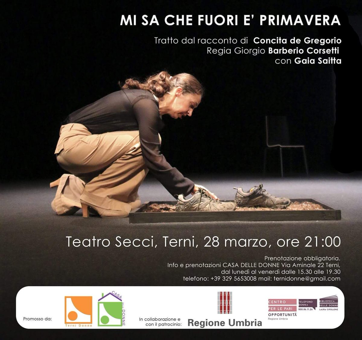 TerniDonne's tweet photo. 28 marzo #TeatroSecci #Terni ore 21:00 MI SA CHE FUORI È PRIMAVERA prenotazione obbligatoria alla #casadelledonne https://t.co/VZHq7Njfaz