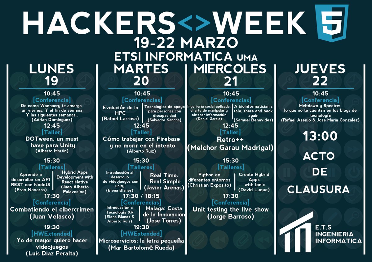 HackersWeek's tweet photo. ¡Por fin están todos los ponentes confirmados! 
Y por fin, lo que todos esperábamos… 
¡El horario oficial de la #HackersWeek2018! 

¡¡Id pensando ya a lo que queréis asistir que las entradas vuelan!! 😏😏 https://t.co/4dULcNPpvN