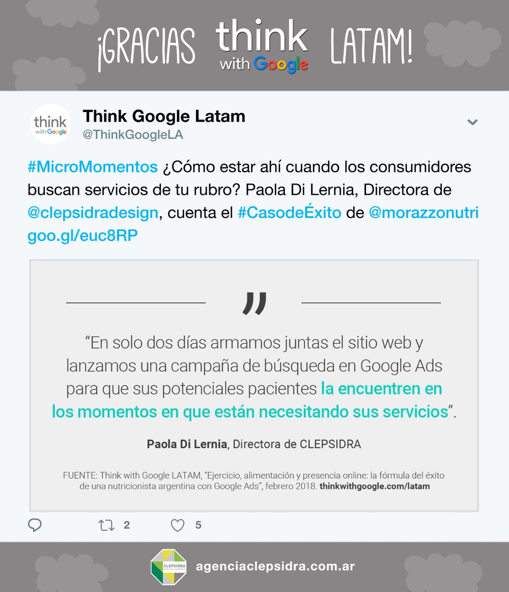 clepsidradesign's tweet photo. Gracias @ThinkwithGoogle Agencia #Clepsidra Caso de Éxito en Campañas #AdWords #MarielaMorazzo https://t.co/FBcSB8AUoY #SoyGooglePartner https://t.co/mwGeCUZ6YM
