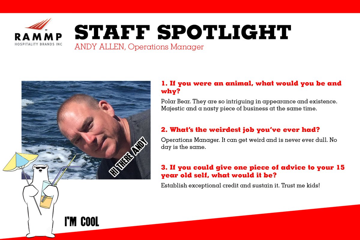 MrMfranchise's tweet photo. One of the newer faces in the #RAMMP family, one of our Operations Managers – Andy Allen! Funny enough, there are 3 Andy/Andrew’s in our office but he’s the only one that wants to be a polar bear…for their majestic but nasty nature. Are you trying to tell us something Andy? https://t.co/Eoy6LSaQSI