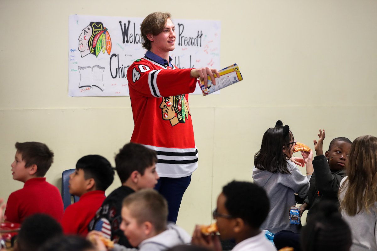 NHLBlackhawks's tweet photo. Congrats to the students of Prescott Magnet Cluster School for reading the most pages in the #Blackhawks Reading Program, presented by @DoverCorp!

@hayds51 celebrated with the winning class with a @PapaJohns_Chi pizza party. https://t.co/0Q1povrsBw
