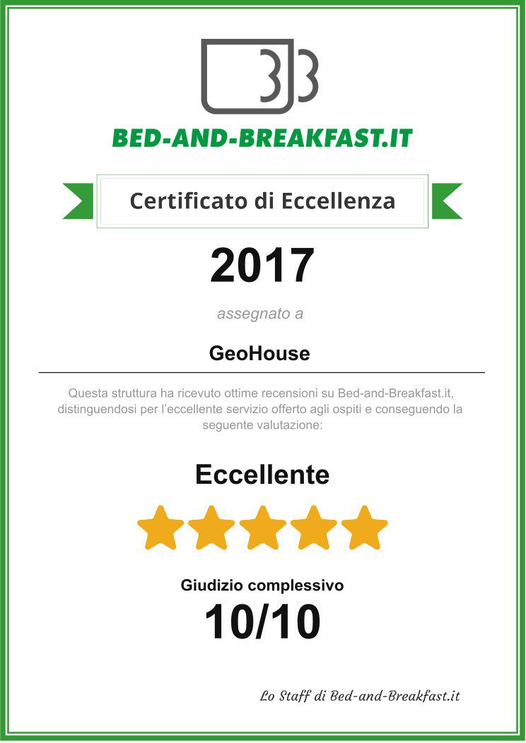 Condividiamo con voi la gioia per il Certificato di Eccellenza 2017 da <a href="/wwwbbit/">bed-and-breakfast.it</a>....10/10!!!🏆🥇 🎉🎊😊🔝🏡 Grazie mille a tutti i nostri ospiti che hanno premiato il nostro impegno e la nostra dedizione!  geo-house.it/blog/certifica… 
#bedandbreakfast #eccellente #marzo #TheBest