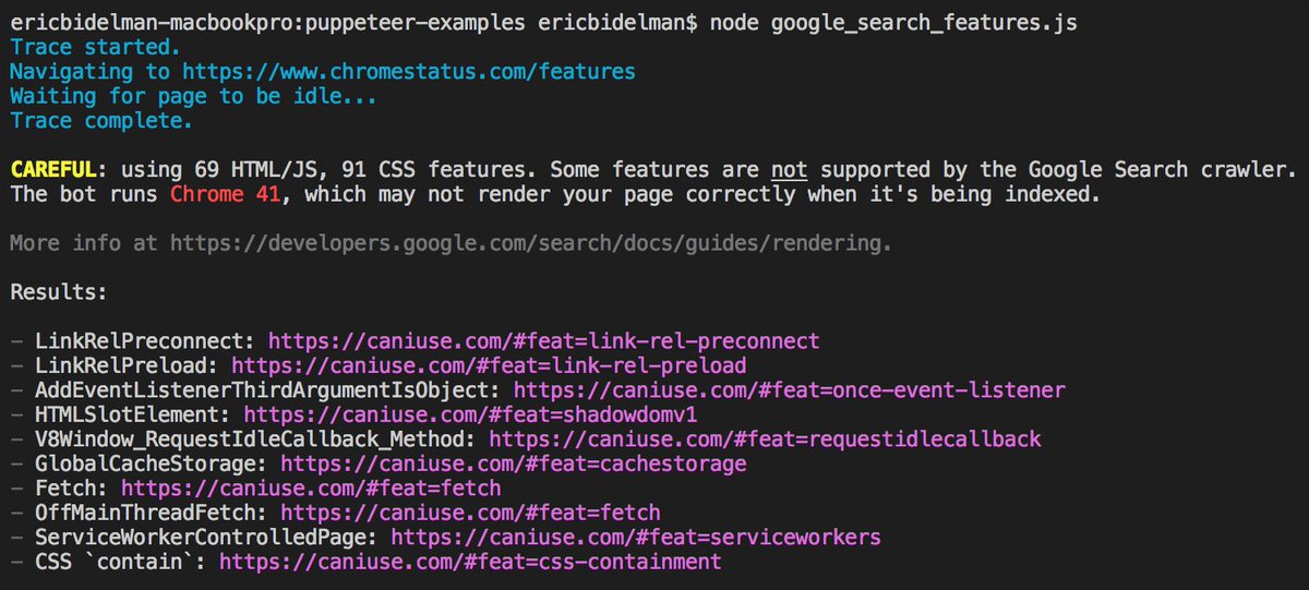 ebidel's tweet image. I wrote a script to detect the HTML/CSS/JS features used by a site and x-reference them w/ the features supported by Google Search bot. IOW, avoid potential rendering gotchas before you 🚢. Kudos to Puppeteer + @caniuse data 📊 for making this possible!
github.com/GoogleChromeLa…
