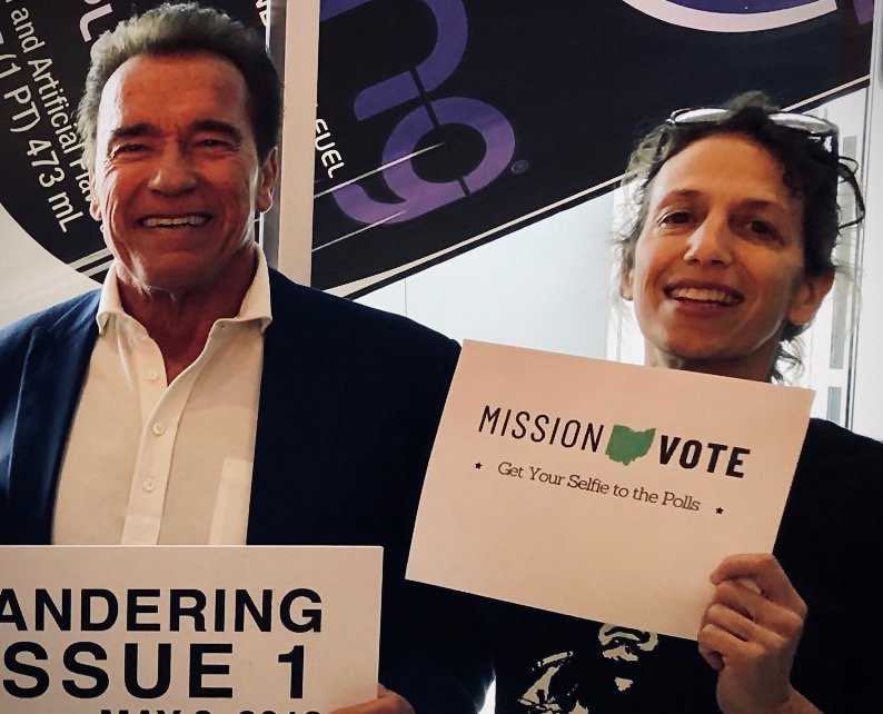 OHLeaders's tweet photo. Arnold says, "It's time to do some heavy lifting #Ohio!" 
Make sure everyone you know is voting this election cycle -- in the primary, any special election, &amp; the general. 
Get Your Selfie to the Polls. #MissionVoteOH #Election2018. https://t.co/uN6dN39TVO