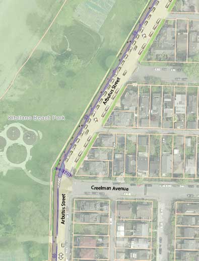 PatrickR4012's tweet photo. The proposed  #bikeyvr #kitsbeach  alignment is a vast improvement over the 2013 one. However to minimize impact on other park uses, the @ParkBoard should get strong insurance that the alignment along Arbutus will be done in the Street ROW, along lines suggested in picture... https://t.co/NPHNwZmM6e