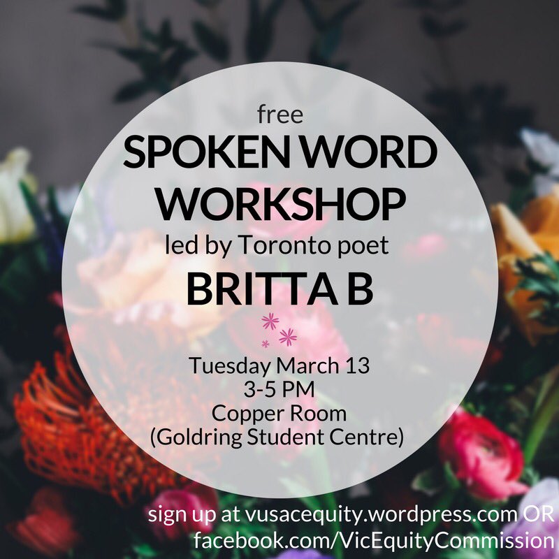 missbrittab's tweet photo. Want some company while you write ✍🏾?? I'll be on campus @VicCollege_UofT tomorrow for this FREE workshop offered by @VUSAC 's Equity Commission.
Register here: https://t.co/dYHcRPN0km
#poetry #writing #workshop #spokenword #stories #BYOPen #poetpower #AllLevelsWelcome https://t.co/n68HC9Dxq2