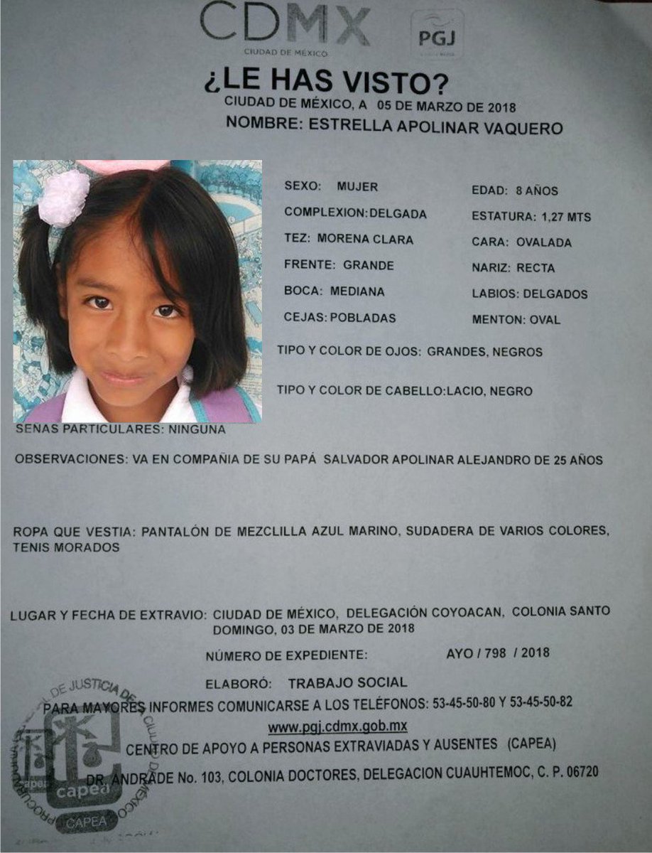 _LaAlameda's tweet photo. #TeBuscamos Estrella Apolinar Vaquero, 8 años, 3/3/18 #Coyoacán #ColSantoDomingo #CDMX #911 @GenaroHita @lapetitececi https://t.co/EWcD30nhFc
