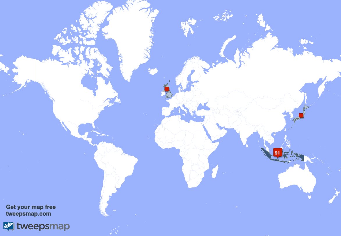 EndryS3's tweet photo. My followers live in 3 countries: Indonesia(83%), Japan(4%)... https://t.co/UJkbuZoLY3 Get your free map! https://t.co/IMZhNc6Uy1