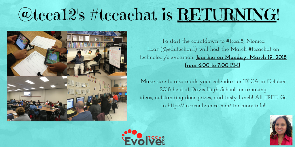 Technology Curriculum Conference of Aldine (TCCA) (@tccaconf) on Twitter photo Join <a href="/edutechgirl/">Dr. Monica Loas</a> as she hosts the first #tcca18's #tccachat this year on next Mon, 03/19! Tag #tccachat & @TCCA12 in your response. Join <a href="/edutechgirl/">Dr. Monica Loas</a> as she hosts the first #tcca18's #tccachat this year on next Mon, 03/19! Tag #tccachat & @TCCA12 in your response.