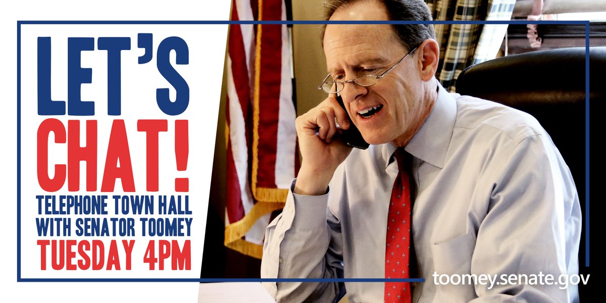 SenToomey's tweet photo. Join me tomorrow ~4 p.m. for a telephone town hall! I look forward to hearing your thoughts and answering your questions. Details to come. https://t.co/wr0xGSHyRT