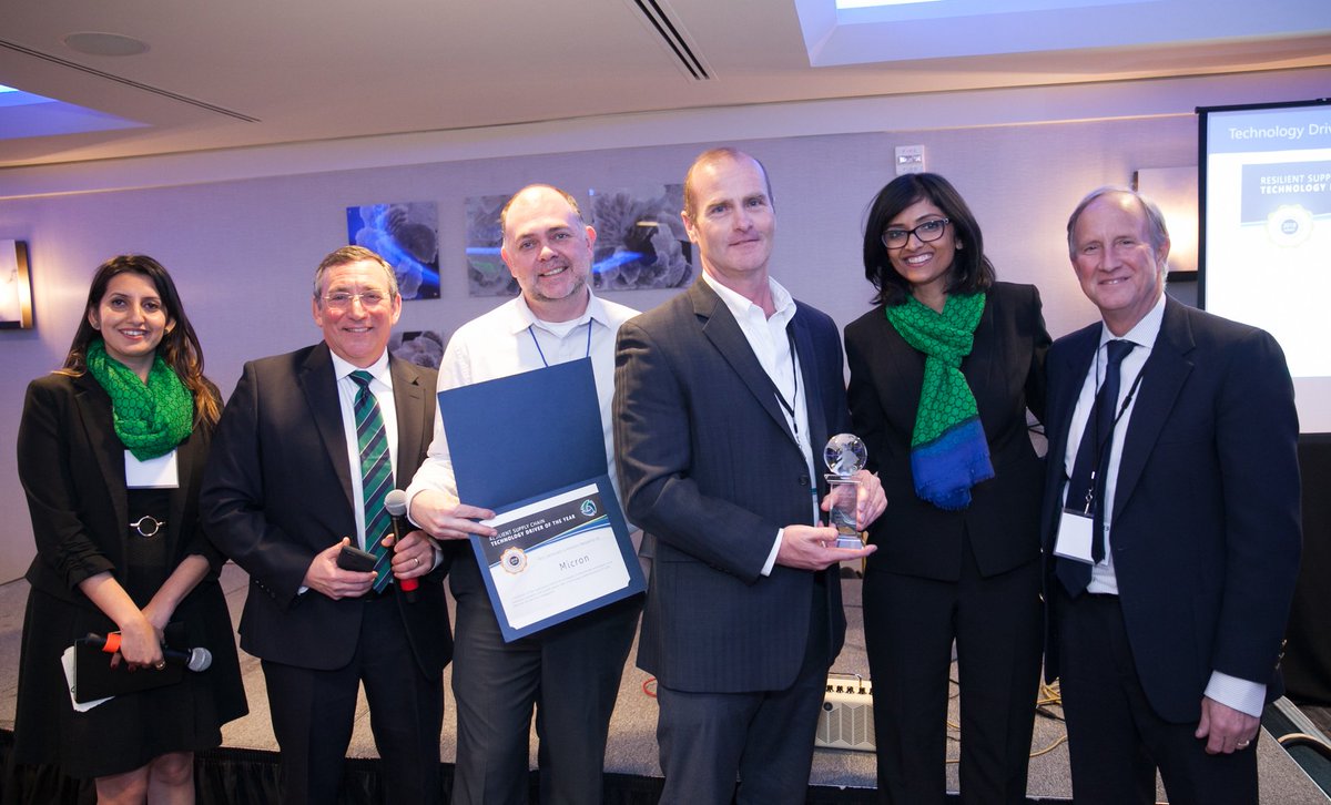 Resilinc's tweet photo. Rick Freeman and Eric Knothe @micron accepting the GSCRC Technology Driver of the Year Award. Congratulations!! #resiliency2018 #gscrc https://t.co/UFJmDVAzG3