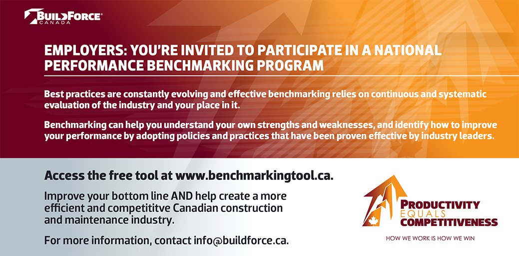 BuildForceCan's tweet photo. Employers, you’re invited to join a new, free performance benchmarking initiative to improve efficiency in Canada’s construction industry. Visit https://t.co/wfy9gtlU0E. #ConstructionProductivity #HowWeWorkIsHowWeWin https://t.co/726QjAASxK