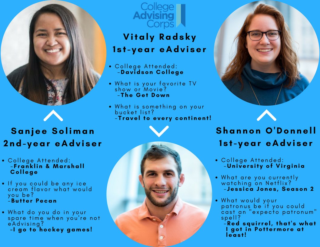 CACeAdvisers's tweet photo. This week we're highlighting our advisers! Sanjee, Vitaly, and Shannon are each based at one of our three sites and are all outstanding members of our team! Stay tuned this week for more on the #CACeAdvising team! #CACeAdvisingExperience https://t.co/Hu5tsid7jJ