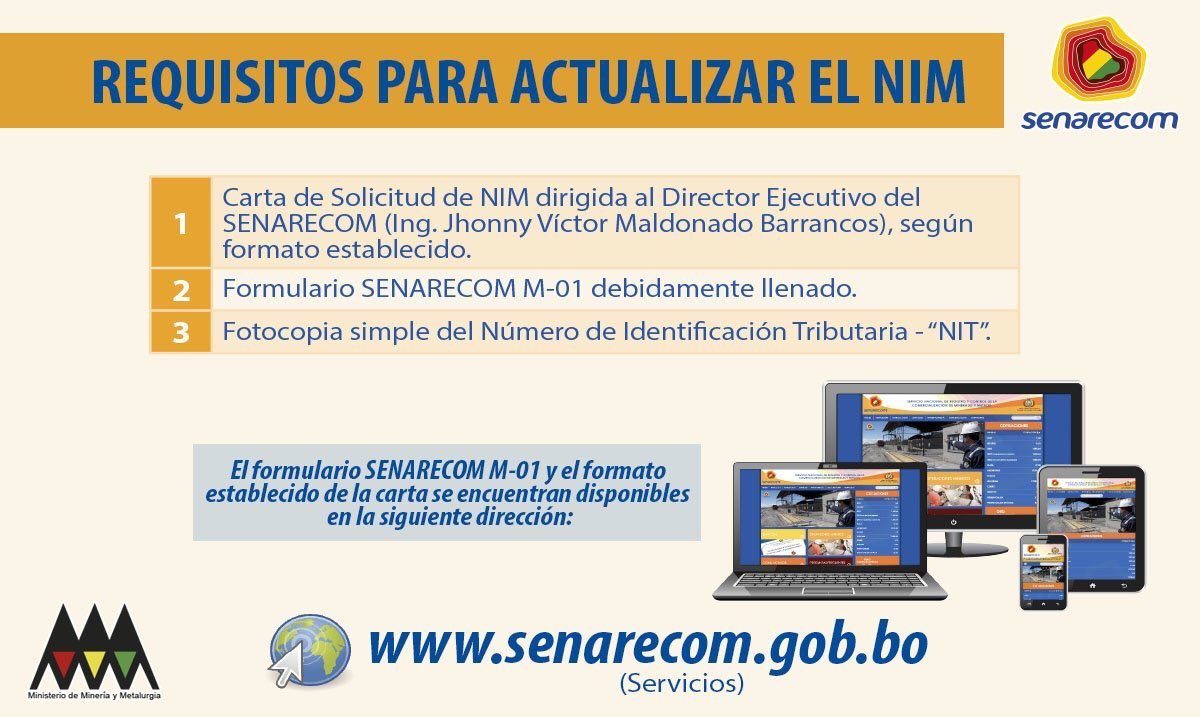 Mineria Bolivia On Twitter A Todos Los Operadores Mineros Les Recordamos Los Requisitos Para Actualizar El Numero De Identificacion Minera Nim 2018 Https T Co 8prlota6qk Https T Co 2kzaiuugpg