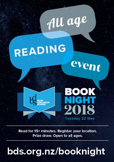 UNVEILING: Book Night 2018 poster. Download free to advertise your school, library, office, community activity. bds.org.nz/booknight and click 'poster is available here'.