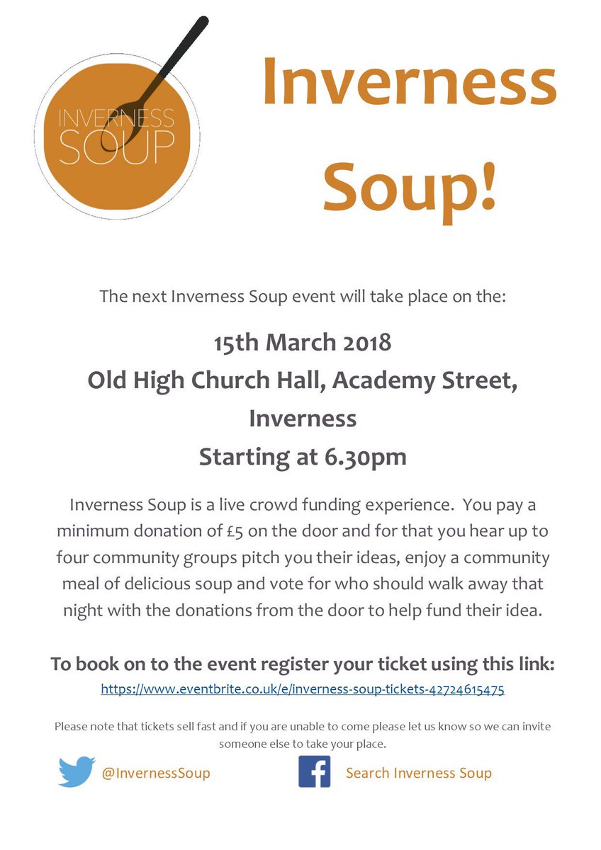 Just a couple more days till the next Inverness Soup.  Thursday, 6.30pm @Old High Church Hall, Academy Street.  Reserve your tickets bit.ly/2p53On6     Help spread the word @Libertieproject @HighlandYC  @AberlourCCT @HighlandCouncil @NHSHighland