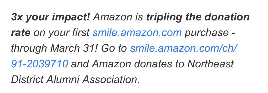NEDAAkkpsitbs's tweet photo. Do you need to buy something on Amazon? If so, don’t forget to use Amazon Smile and right now Amazon is tripling your impact! #NEDAA #AmazonSmile https://t.co/DlzfJocpMv