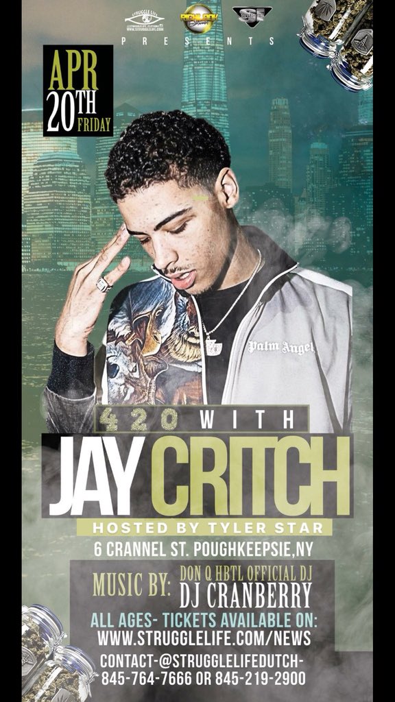 Tyler_Star's tweet photo. Shout out to all the weed smokers @jaycritch performing LIVE on 4/20
Hosted by @tyler_star
Brought to you by: @maserati_styles @thereal2live @strugglelifedutch https://t.co/Am8WEyUE79 for TIX or call/text +1 (845) 219-2900
#tylerstar #jaycritch #stylesinc https://t.co/aMbMjNZWL5