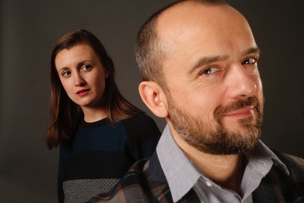 Pictured left, Krista Skwarok (Cynthia in Sequence) peers over the shoulder of Byron Noble, who plays "The Luckiest Man Alive". Photo credit: Tim Matheson