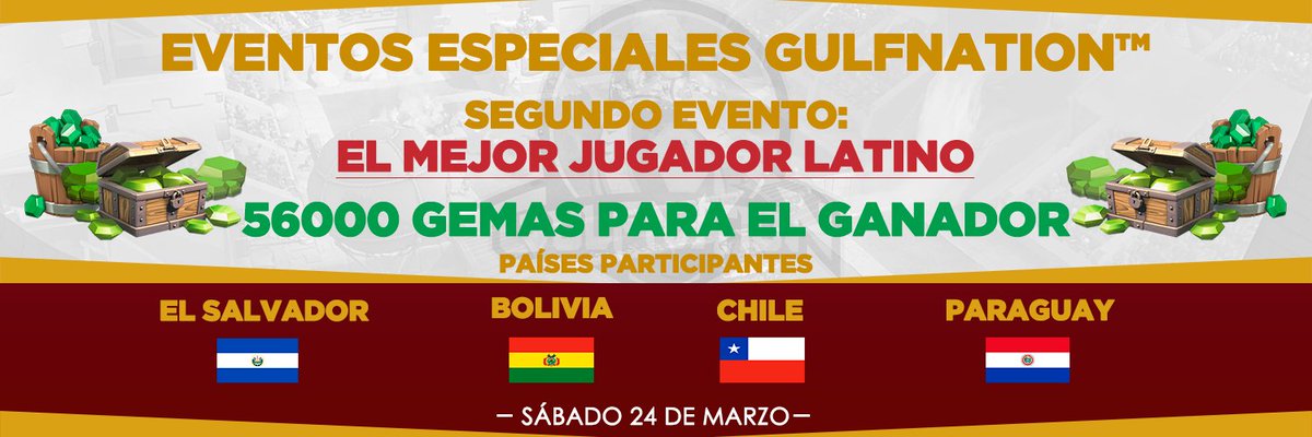 Second special event!

This time for our Latin American clans.
All players will fight to be The Best Latin Player!

@GulfNationSV <a href="/GulfNationCL_CR/">GulfNation™ CL</a> <a href="/GULFNATION_BO/">GULFNATION_BO</a> <a href="/Gulf_Py/">GulfNation™Py</a>