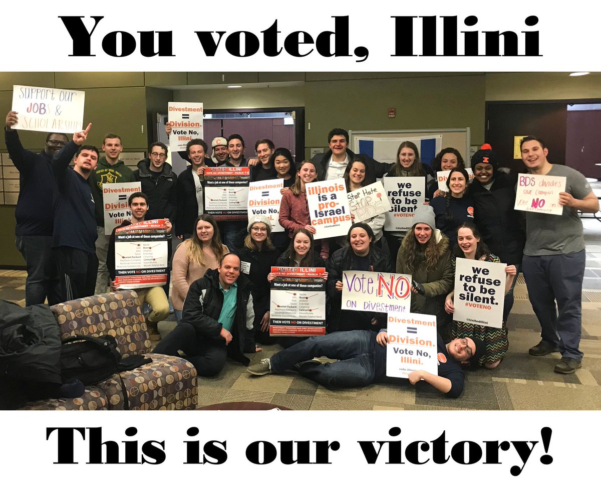 This is OUR victory, again! A student referendum question at <a href="/Illinois_Alma/">University of Illinois</a>" known as UIUC Divest" was defeated for a second year in a row by a vote of 3133 (65%) to 1700 (35%). Students made their voices clear that divestment has no place on our campus! Thank you!! ♥️