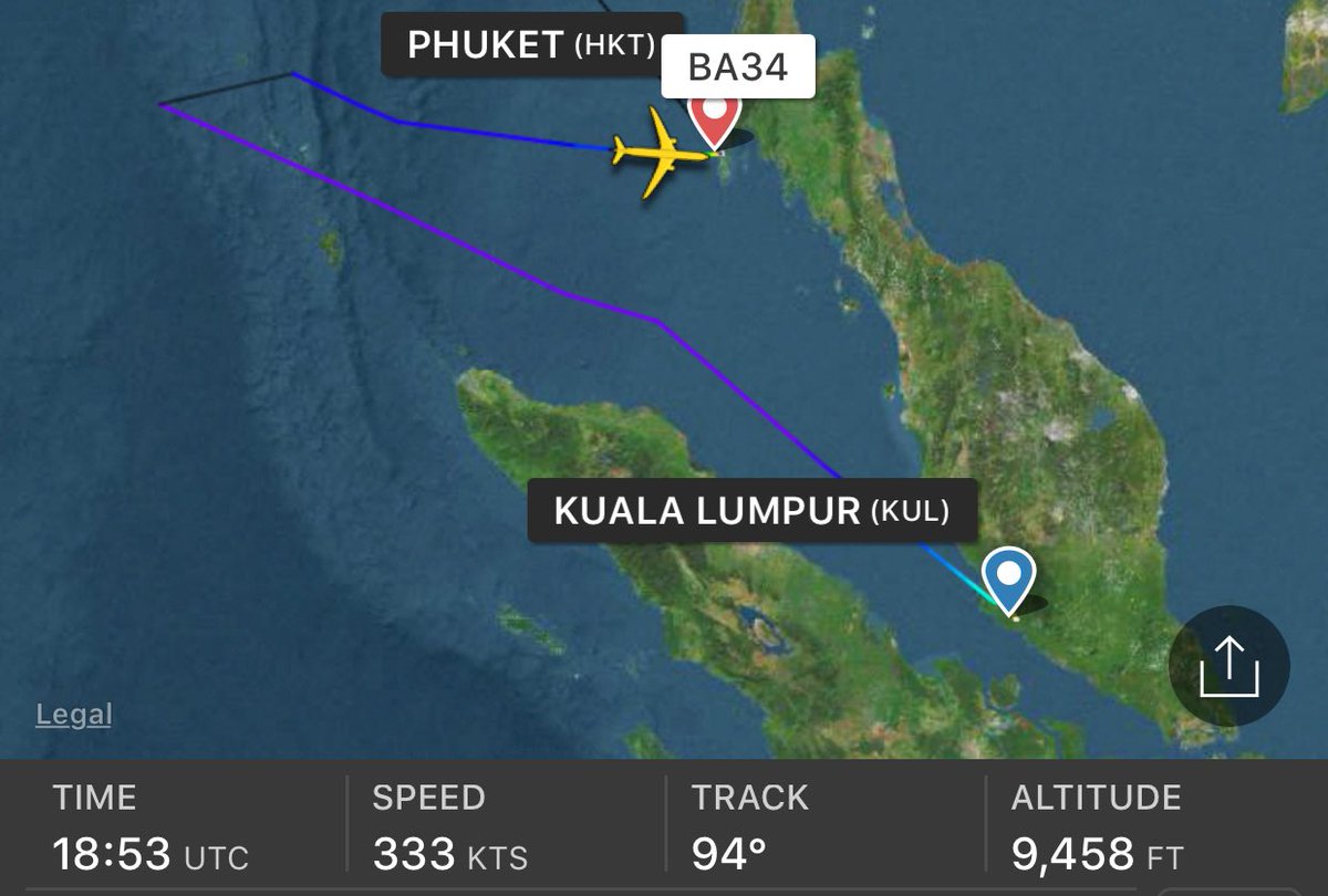NikPhillips666's tweet photo. British Airways #BA34 out of Kuala Lumpur diverted to Phuket earlier - reason unknown - now continues https://t.co/ZPOEKVnQpP