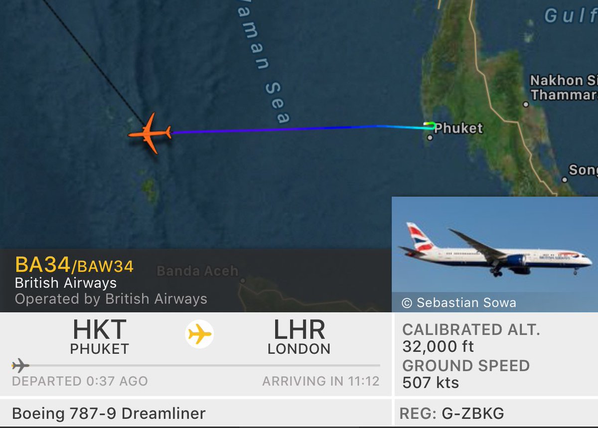 NikPhillips666's tweet photo. British Airways #BA34 out of Kuala Lumpur diverted to Phuket earlier - reason unknown - now continues https://t.co/ZPOEKVnQpP