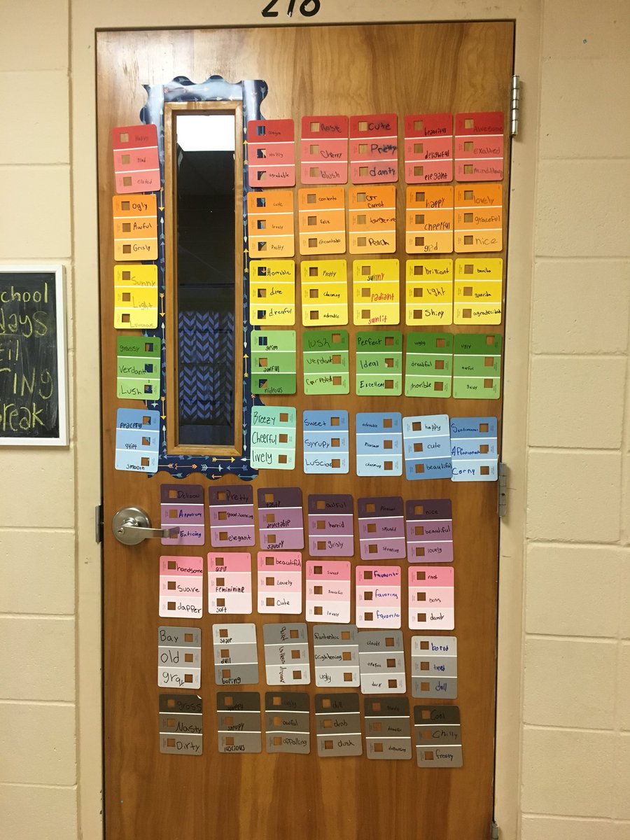 GCarterESL's tweet photo. ESL Academy kids learned tons of new adjectives and how to use a thesaurus to improve their writing with this fun paint chip activity #decaturmiddle https://t.co/KLprEWjB79