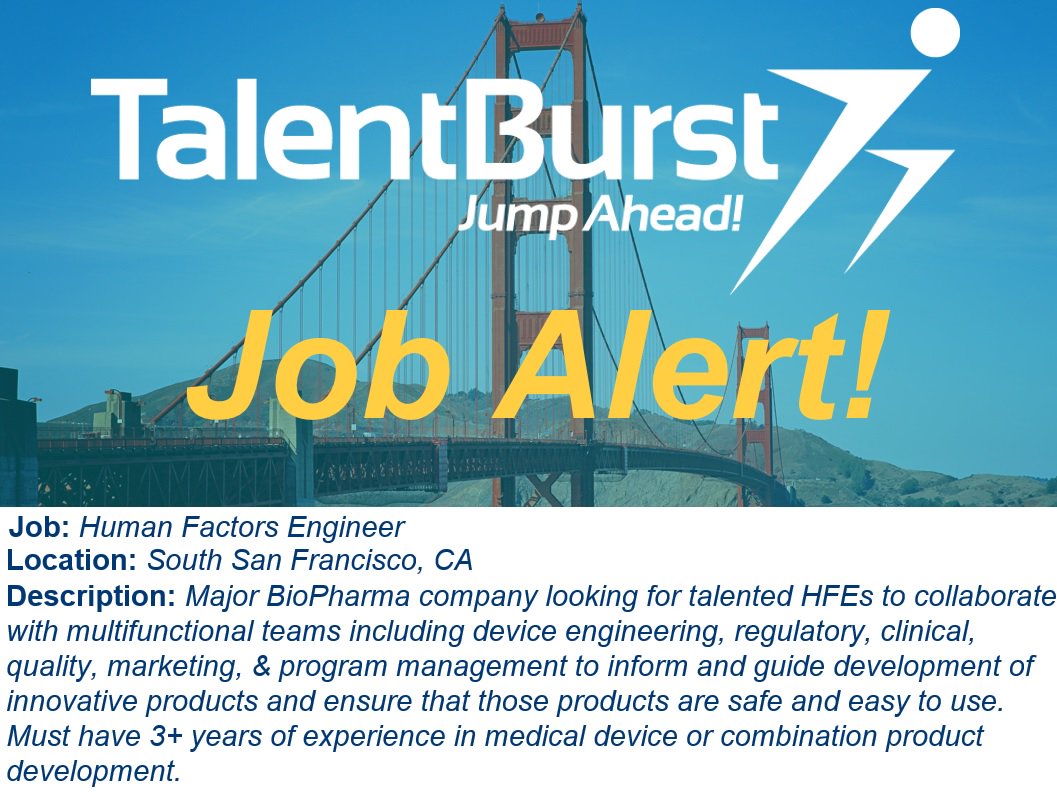 recruitmeolivia's tweet image. Excellent opportunity for #HumanFactorsEngineer to be part of new #devicedevelopment at major #BioPharma company in #SouthSanFrancisco! Please contact olivia.vo@talentburst.com or call 508-628-7526!