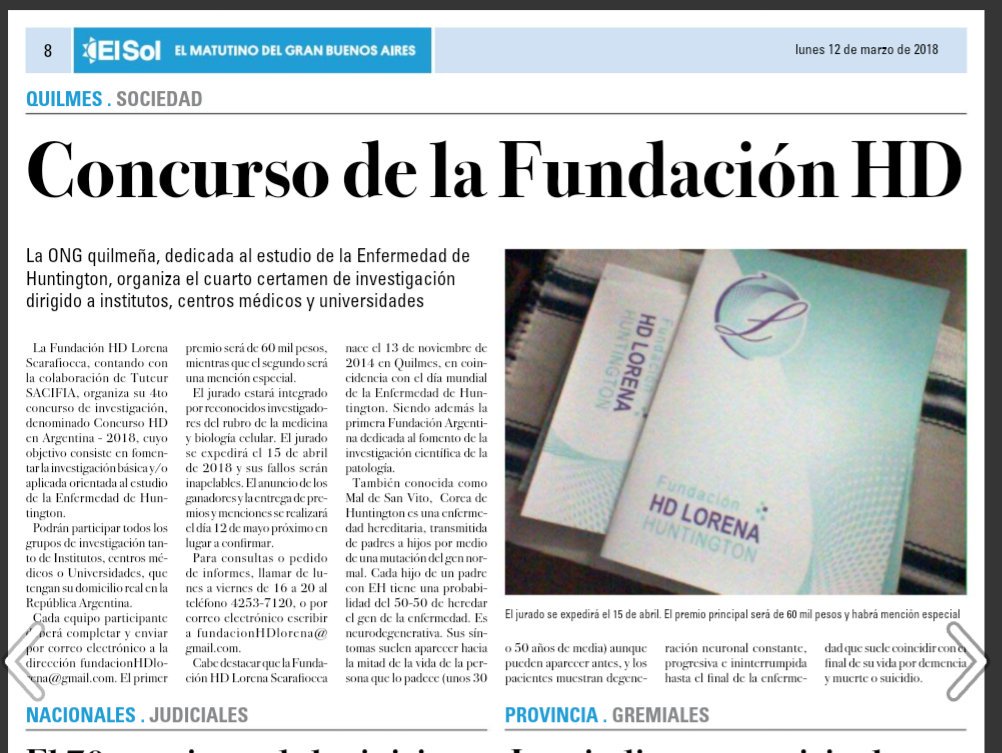 soddone's tweet photo. Gracias @elsolquilmes por difundir nuestro concurso de investigación #Huntington https://t.co/dNxYR0Durv