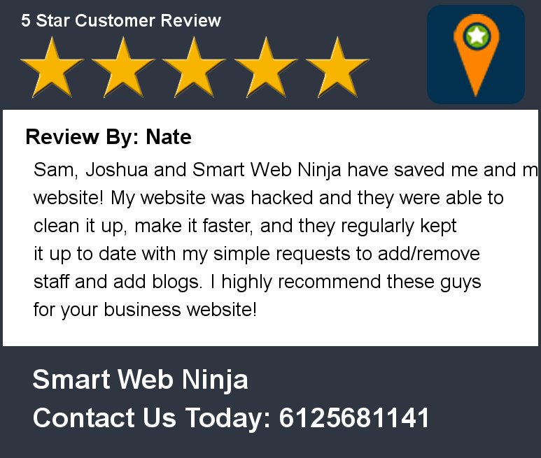 smartwebninja's tweet photo. Review By: Nate Sam, Joshua and Smart Web Ninja have saved me and  Smart Web Ninja
https://t.co/crfZtlT8T9
612-568-1141 https://t.co/0JOyUPkZWX